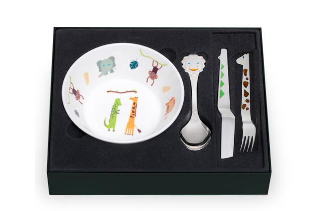 SAFARI GIFTSET<br>Lion spoon, Giraffe fork, Snake knife and bowl