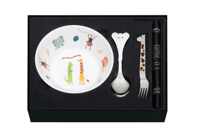 SAFARI GIFTSET<br>Elephant spoon, Giraffe fork and bowl