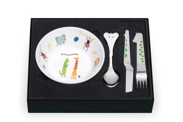 SAFARI GIFTSET<br>Elephant spoon, Crocodile fork, Snake knife and bowl